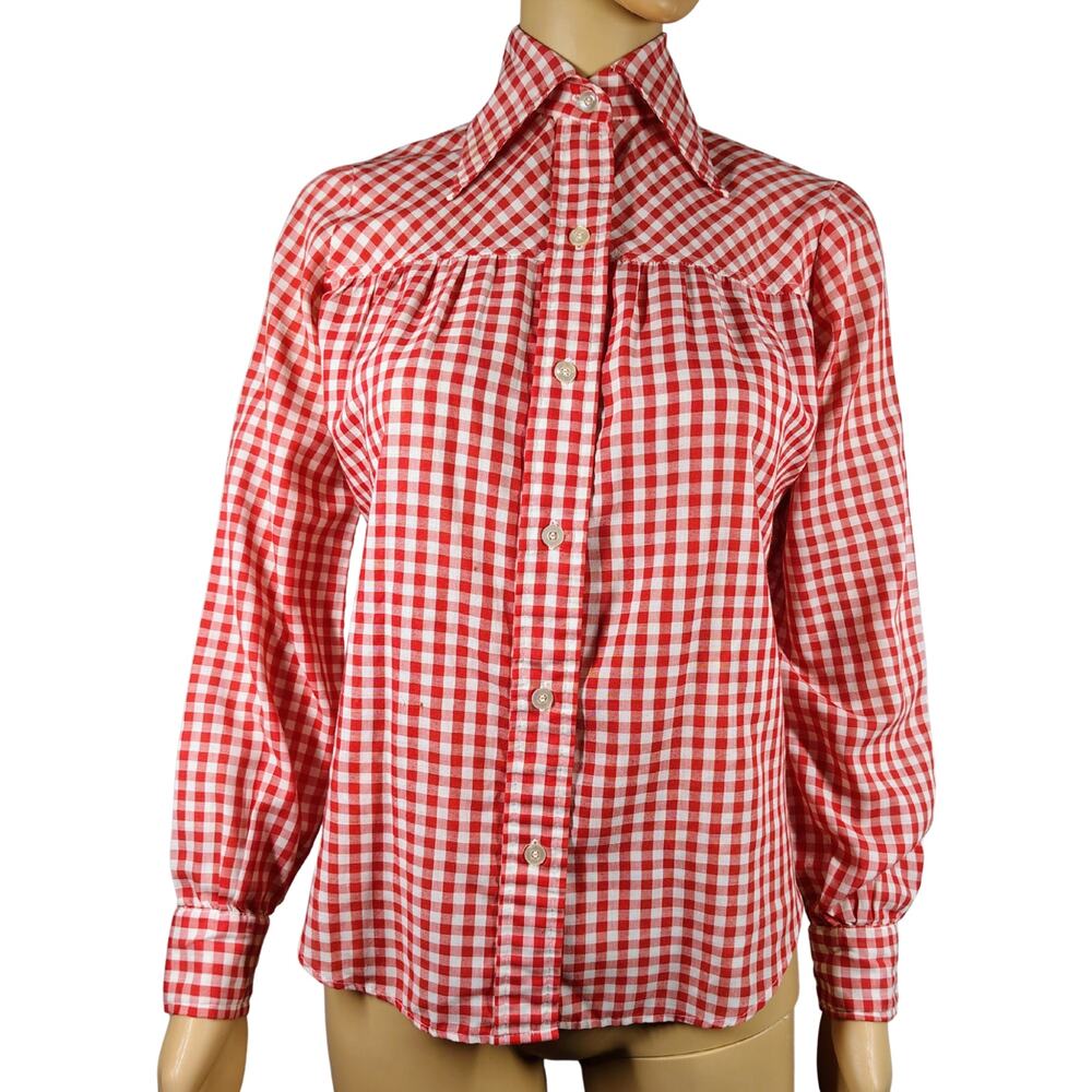 70s Levi's For Gals Red Gingham Button Up Dagger Collar Maternity Shirt Size Sm
